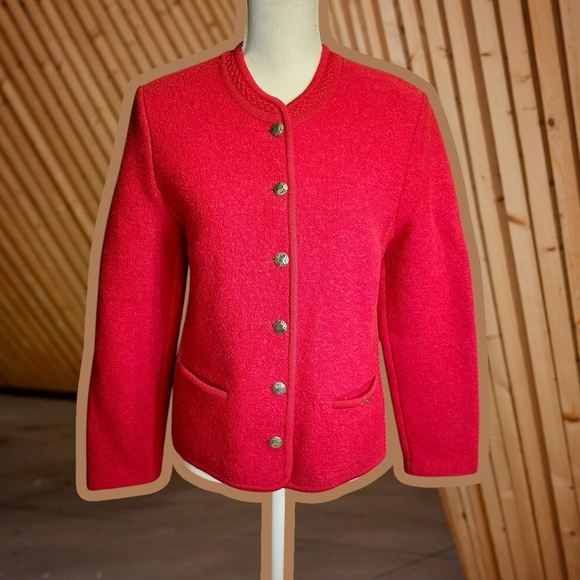 Geiger Made in Austria 100% Boiled Wool Braided Trim Lady Jacket in Cardinal Red - Picture 1 of 16